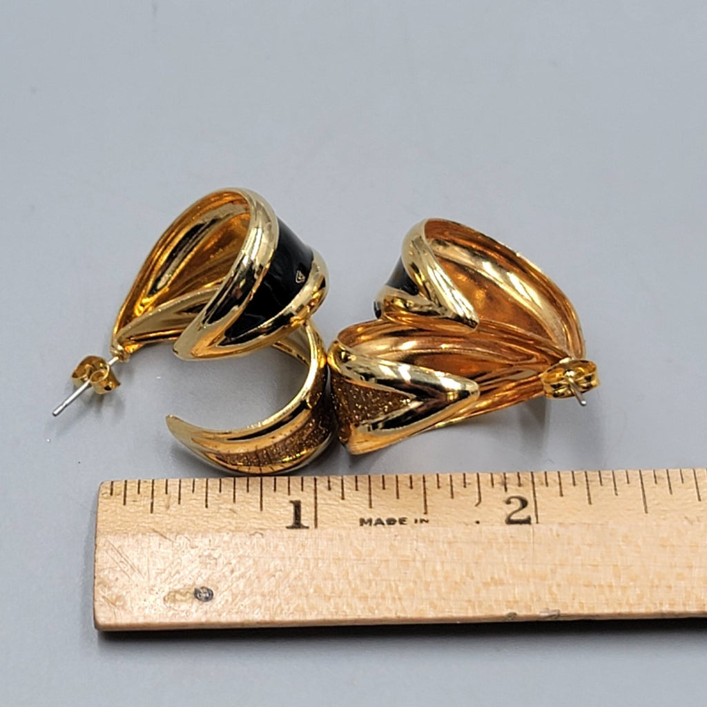 Vintage Double Hoops Pierced Earrings Black Enamel Statement Gold tone Drop 