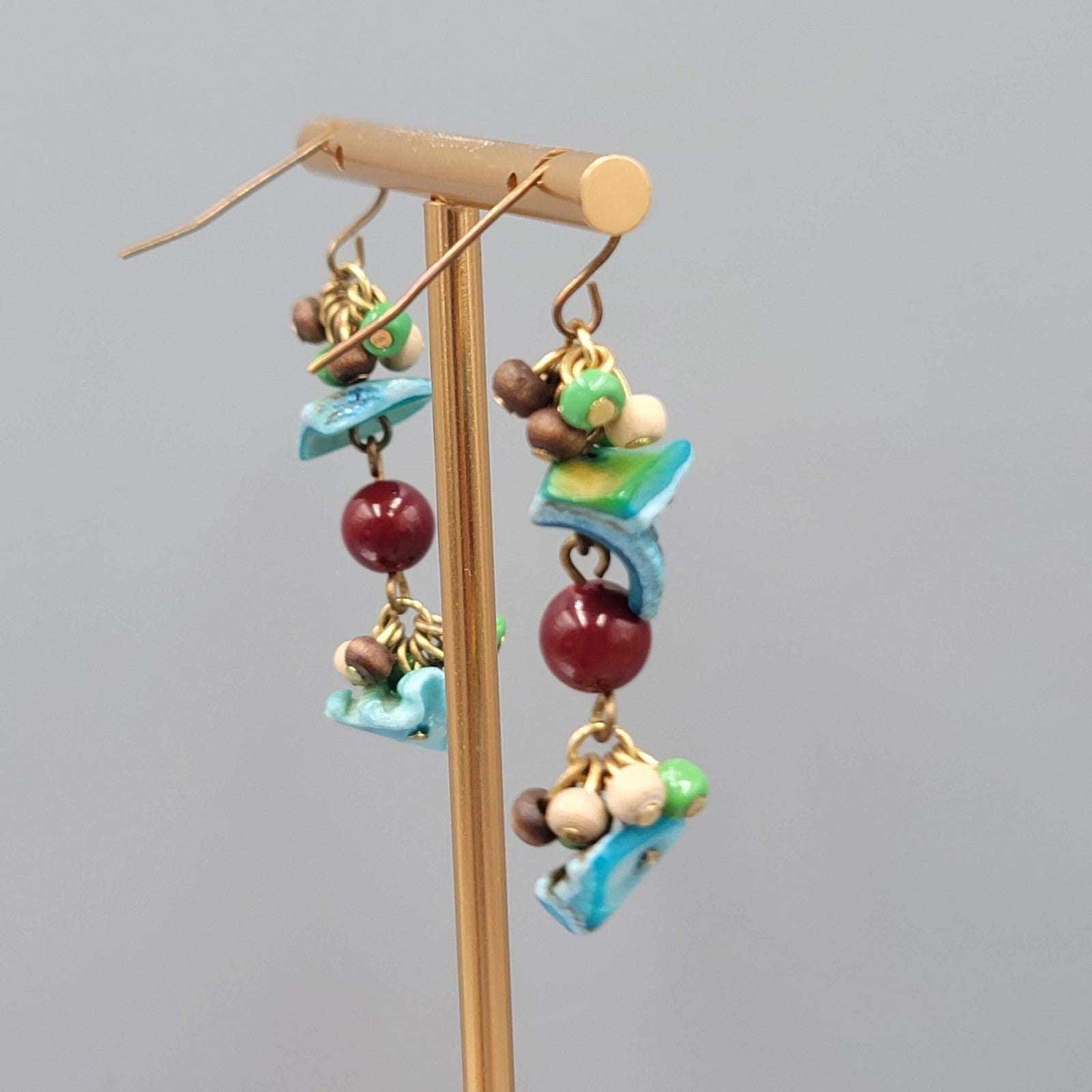 Real Shell Wood Glass Bead Pierced Earrings Silver tone Dangle 1.75"