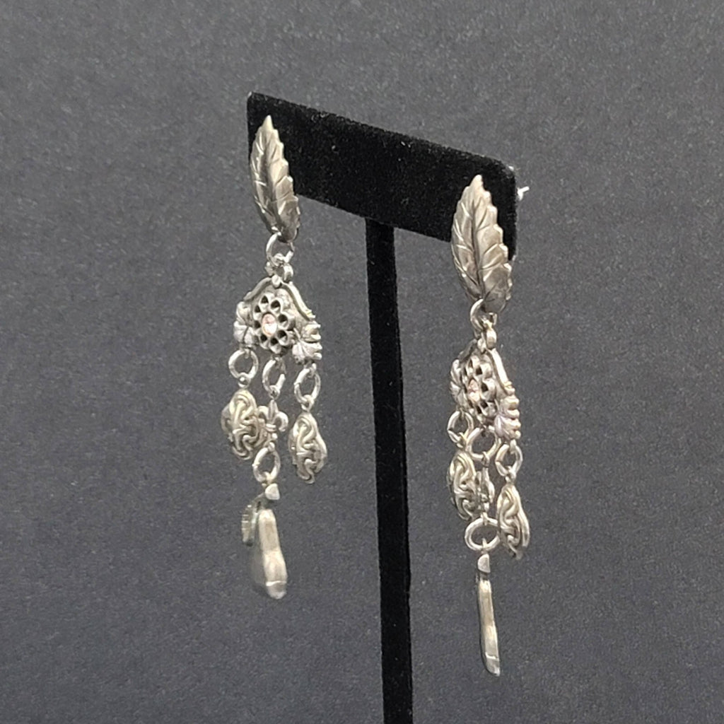 Vintage Pierced Earrings Silver tone Fruit Flowers Leaves Rhinestone 3"