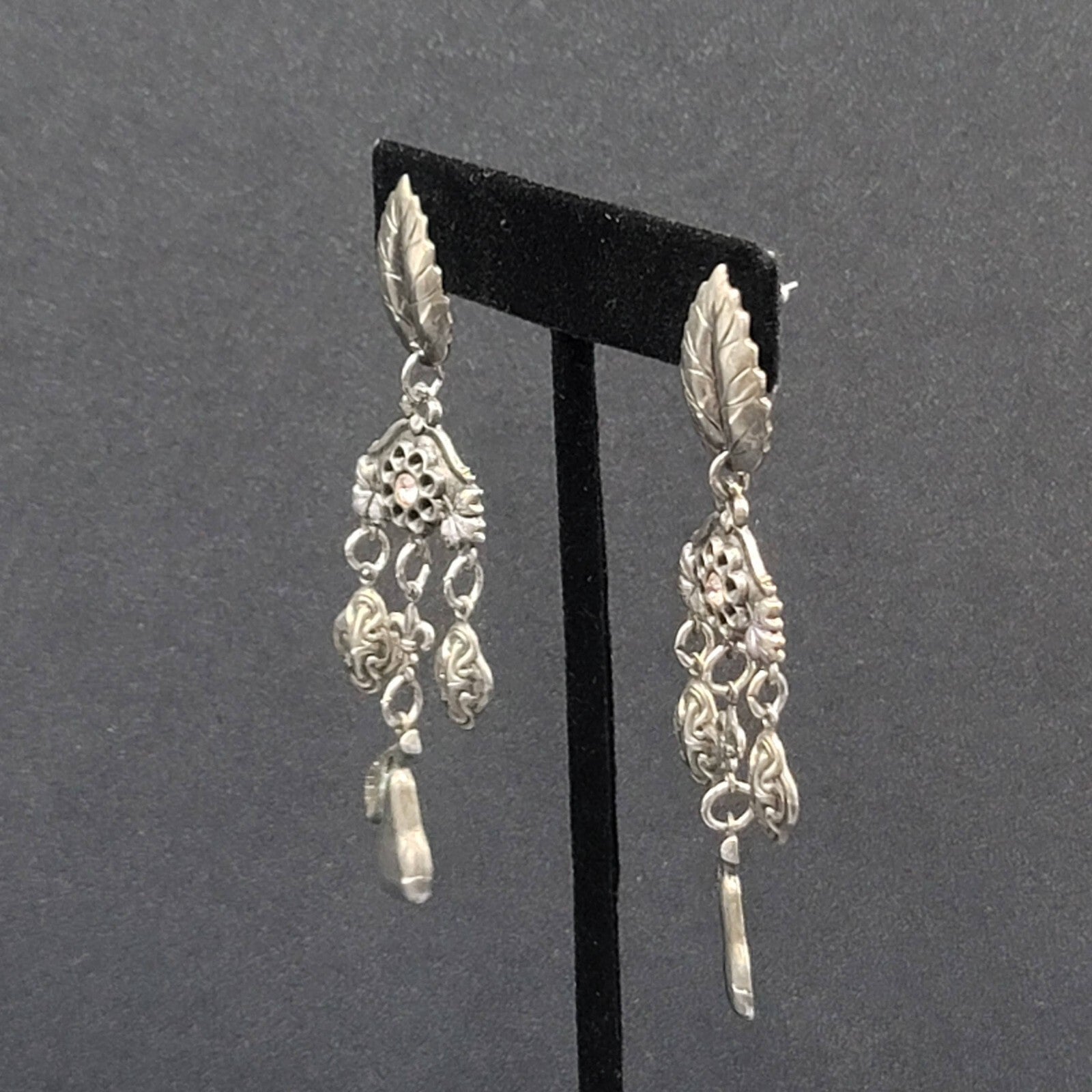 Vintage Pierced Earrings Silver tone Fruit Flowers Leaves Rhinestone 3"