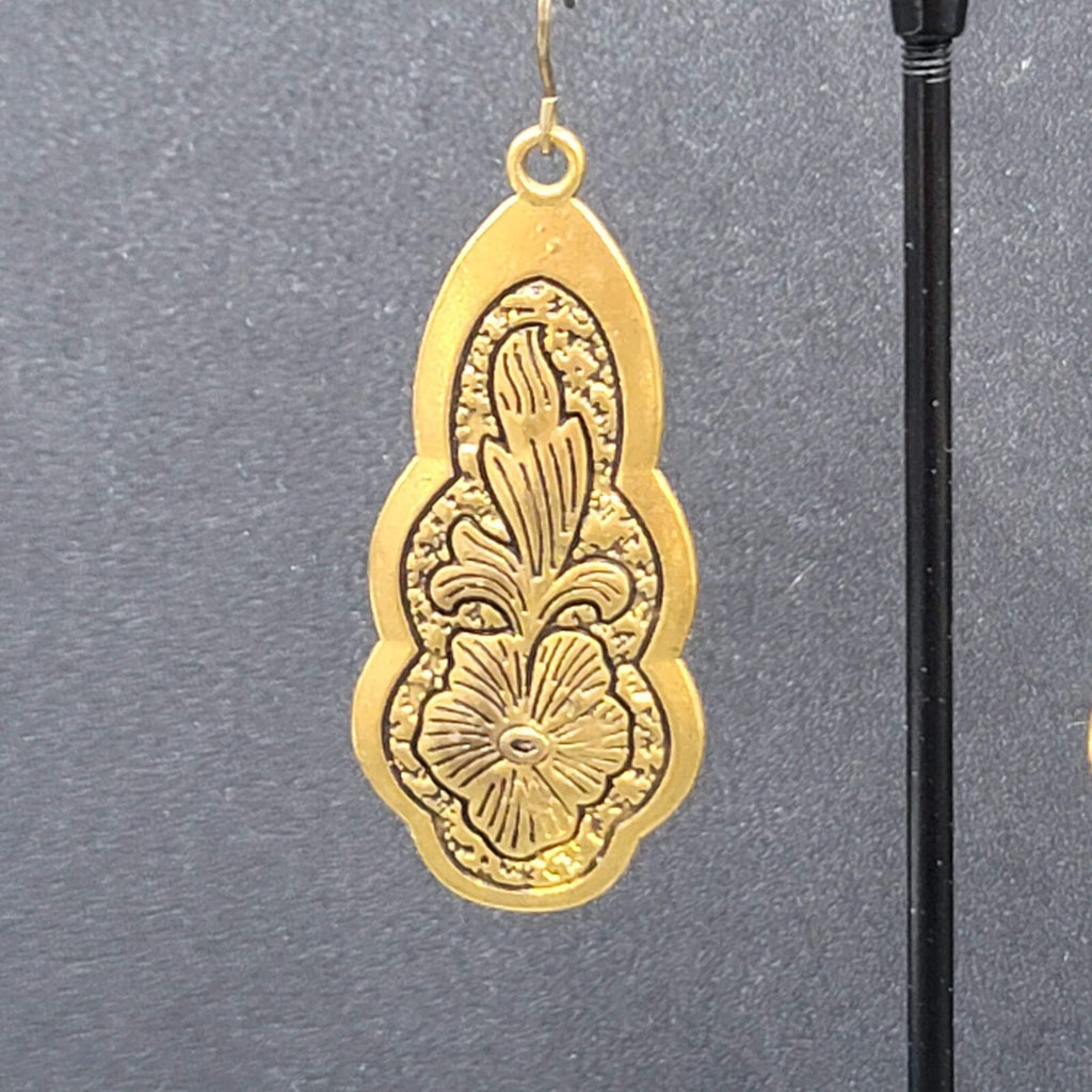 Pierced Earrings Gold Plated Black Embossed Flowers Dangle 1.75"