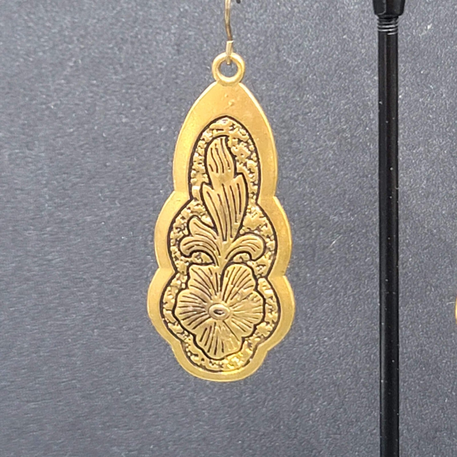 Pierced Earrings Gold Plated Black Embossed Flowers Dangle 1.75"