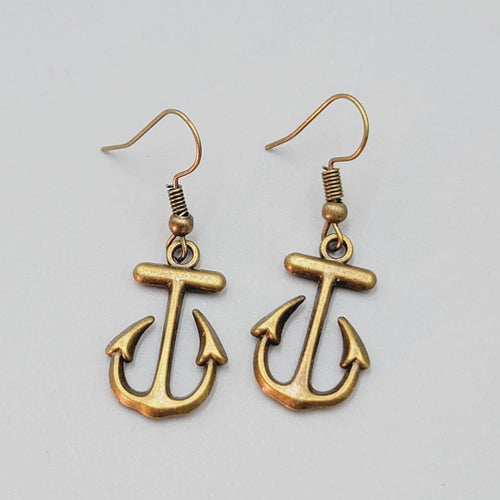 Boat Anchor Nautical Pierced Earrings Bronze tone Dangle 7/8"