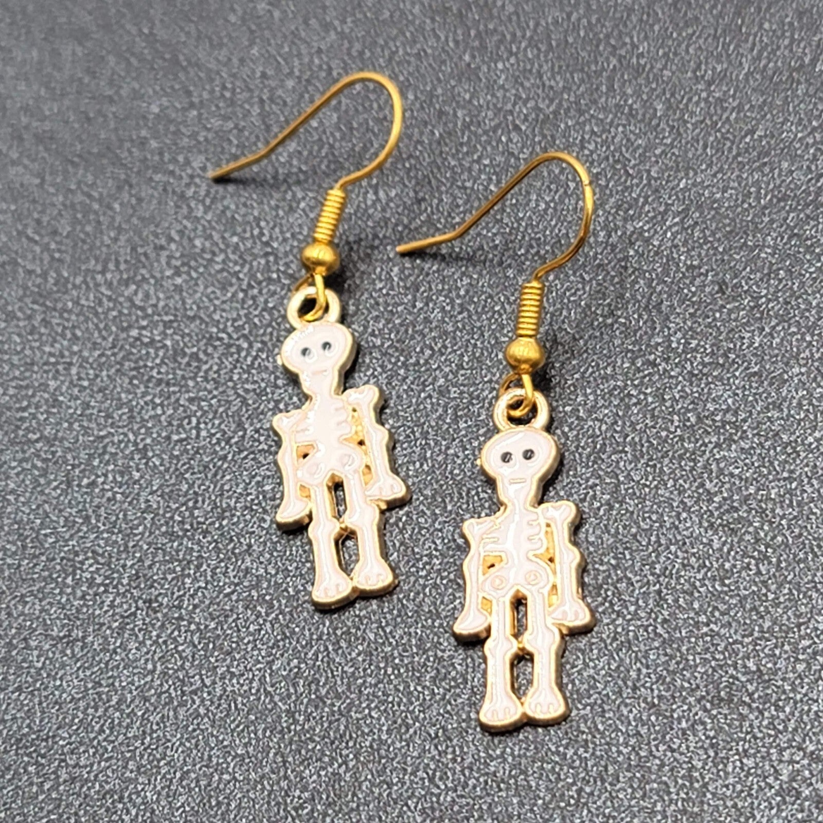 Halloween Skeleton Pierced Earrings Gold tone White Enamel Dangle 1"