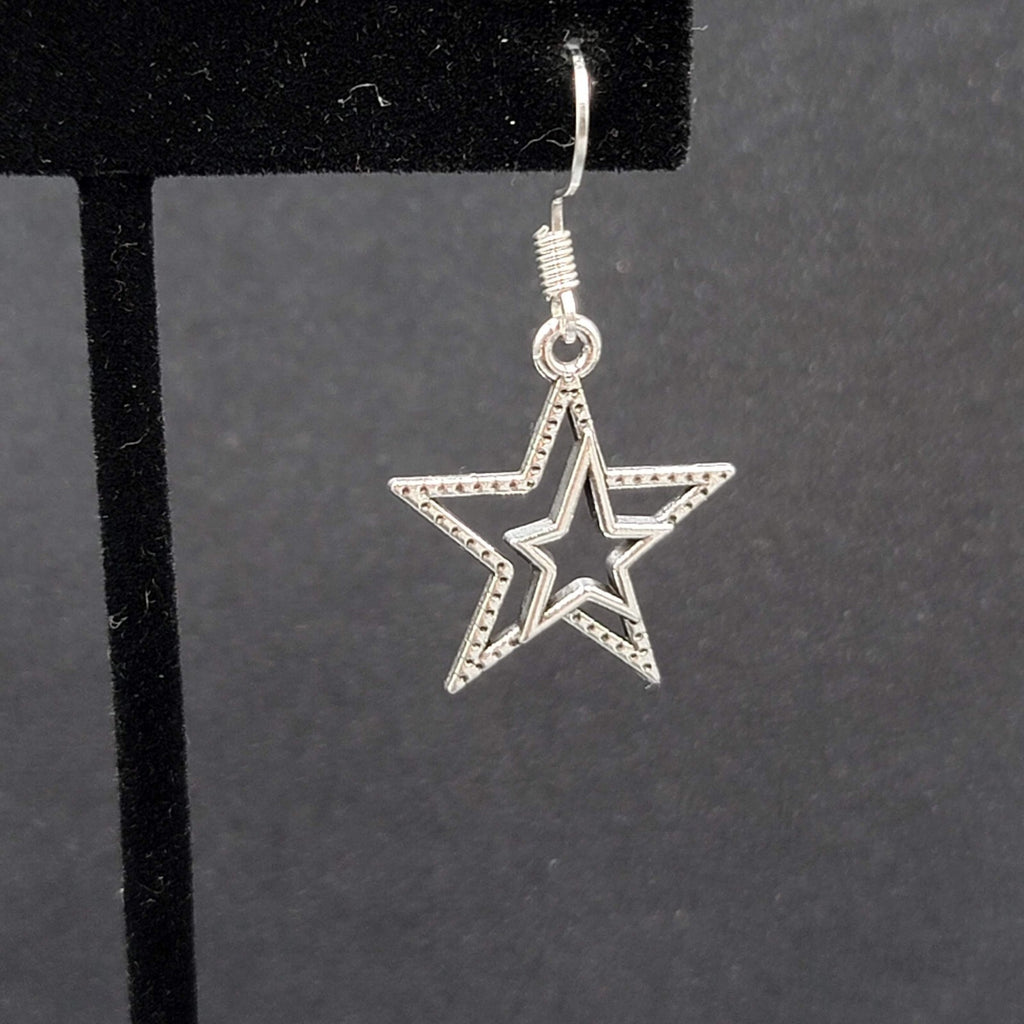 Pierced Earrings Silver tone Dangle Double Open Star 7/8"