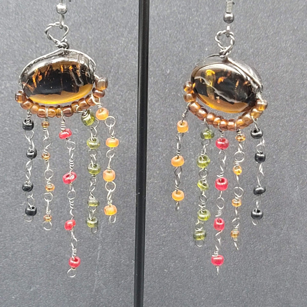 Boho Pierced Earrings Multi color Glass Beads Unusual Dangle Chains 2.75"