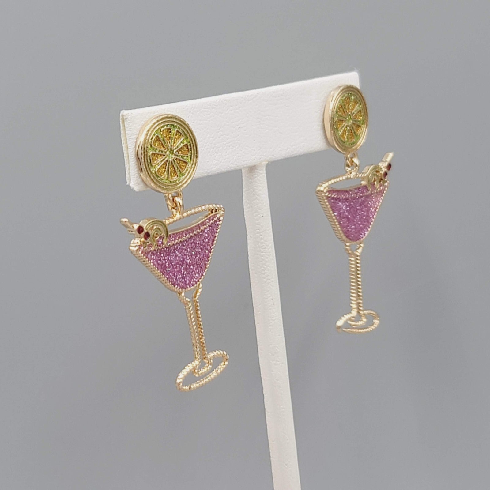 Pink Martini Cocktail Pierced Earrings Gold tone Dangle 2"