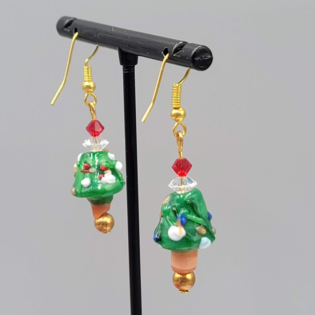 Christmas Tree Pierced Earrings Art Glass Bead Dangle 1.25"
