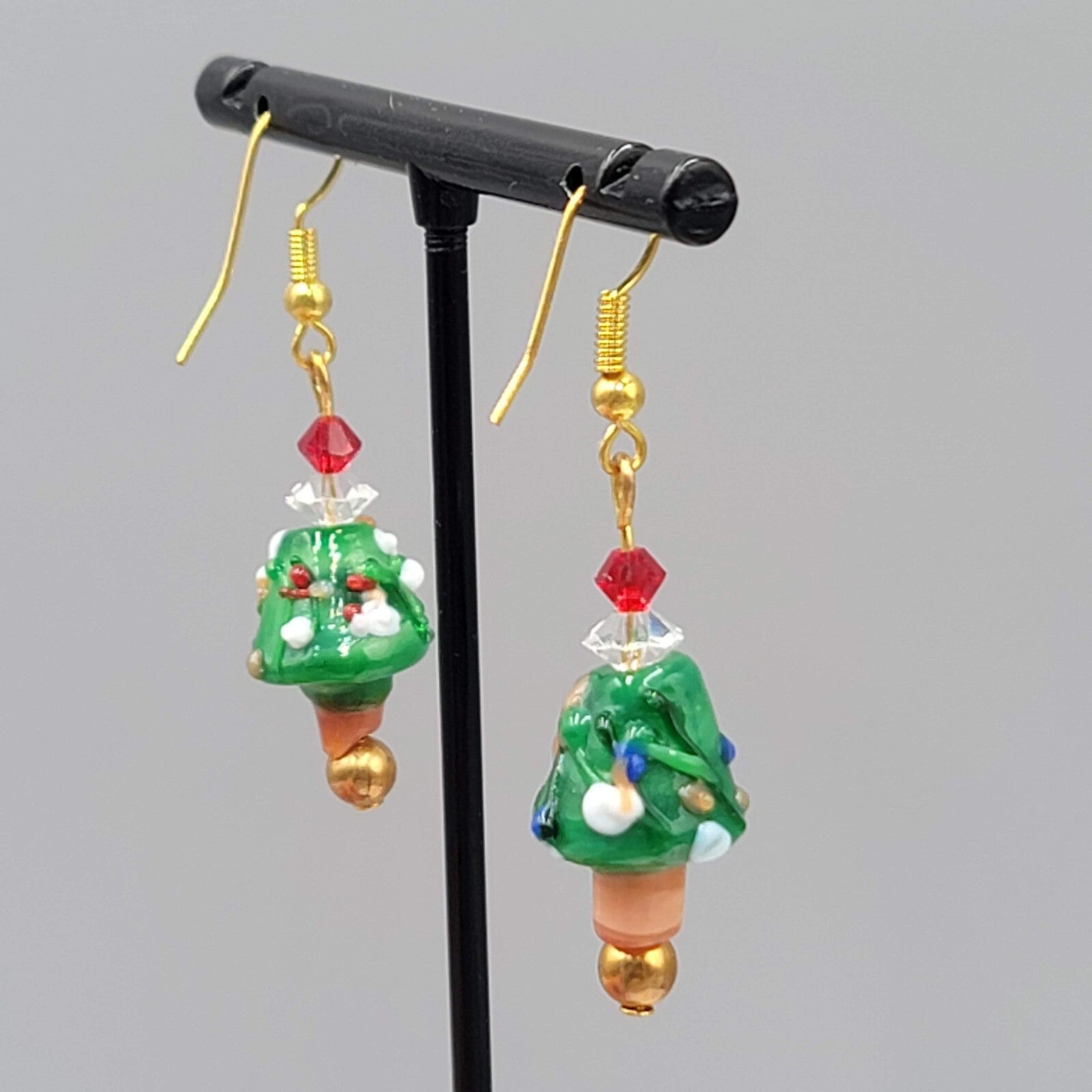 Christmas Tree Pierced Earrings Art Glass Bead Dangle 1.25"