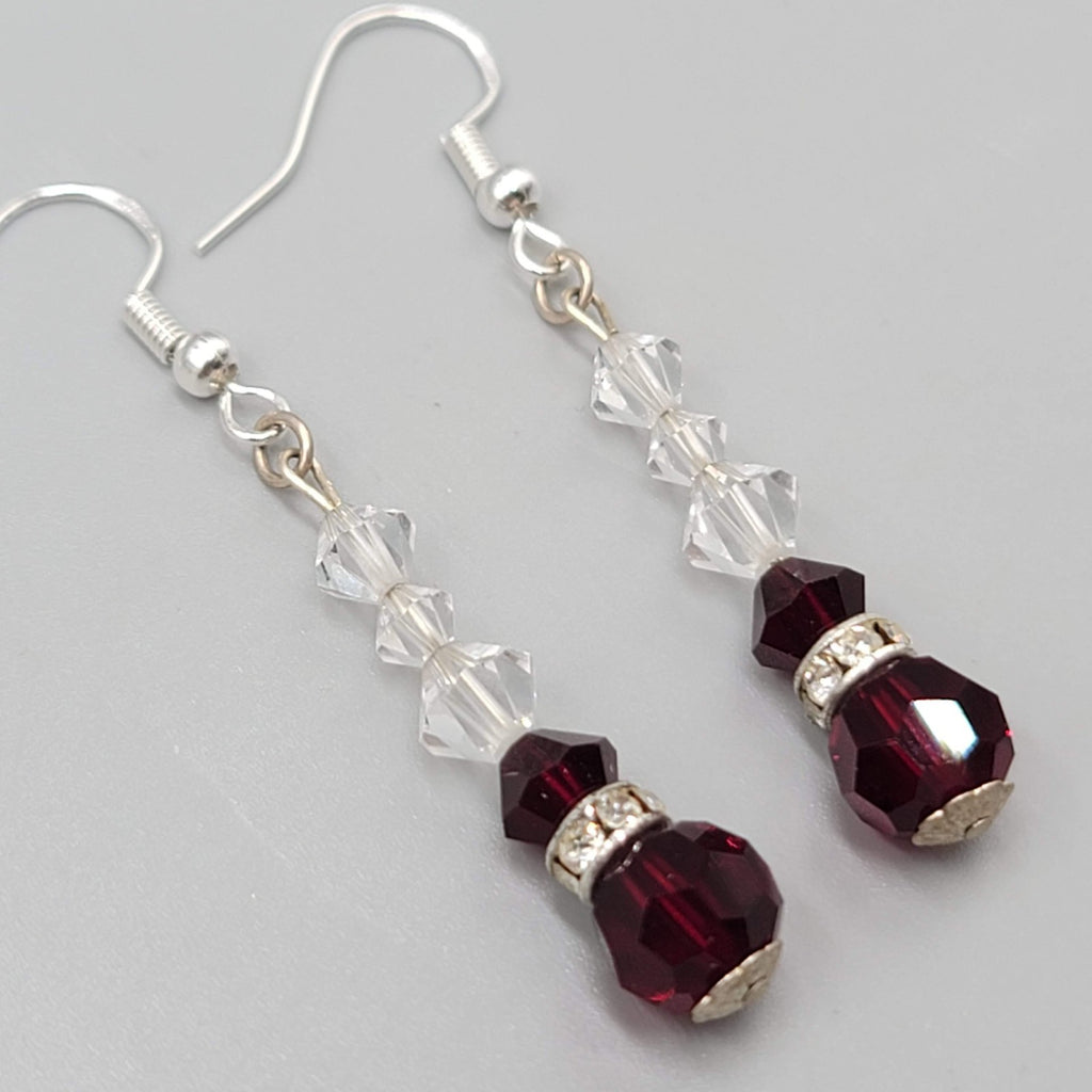 Red Clear Crystal Bead Pierced Earrings Silver tone Dangle 1.25"