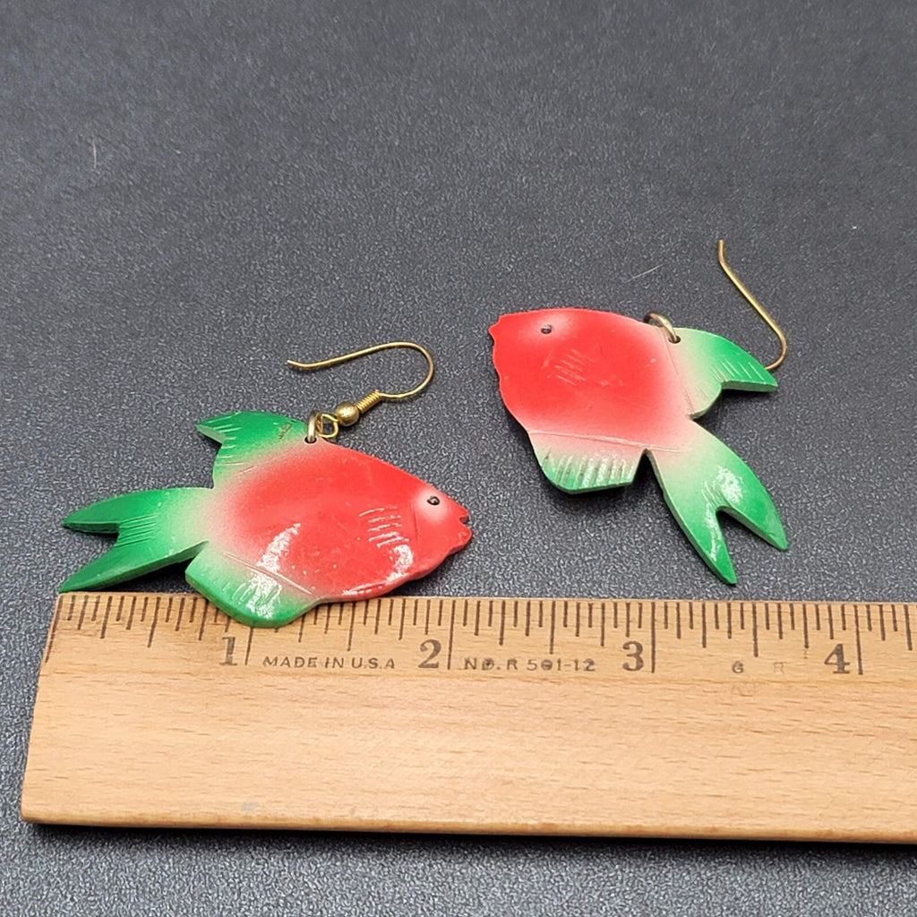 Vintage Pierced Earrings Coconut Shell Carved Fish Painted 2"
