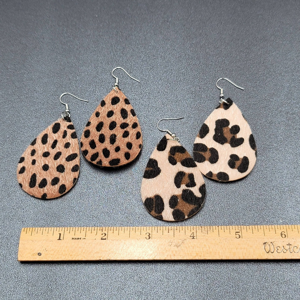 Lot of 2 Pierced Earrings Faux Leather Furry Cheetah and Leopard Print 2.25"