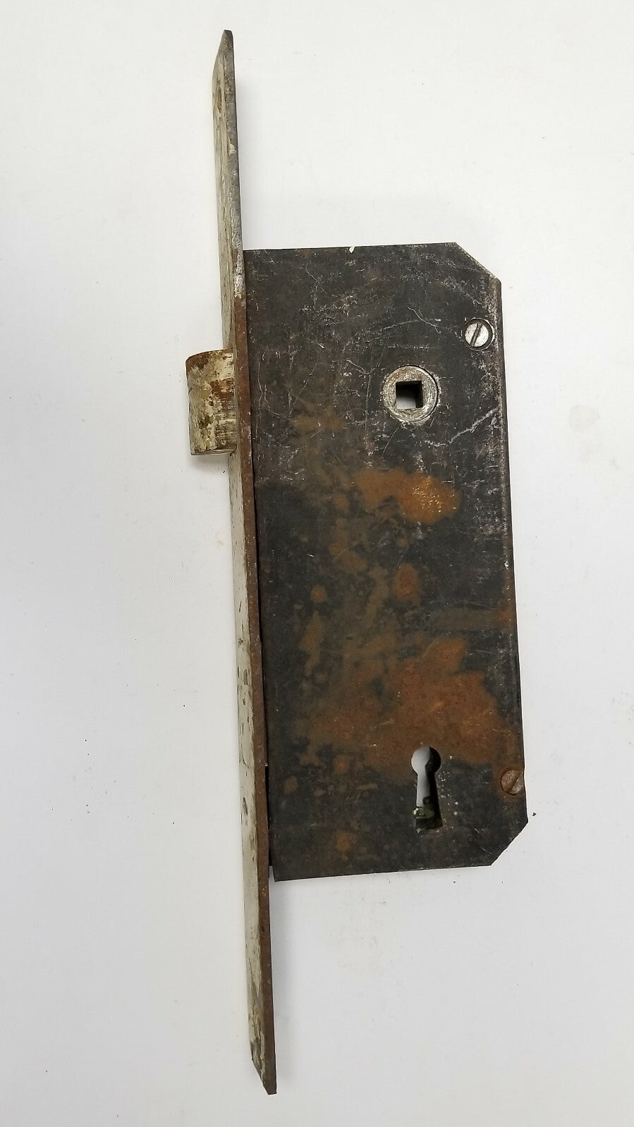Antique Large Mortise Lock, plate 12 1/2" body 7 1/2" x 3 1/4" x 1/2"