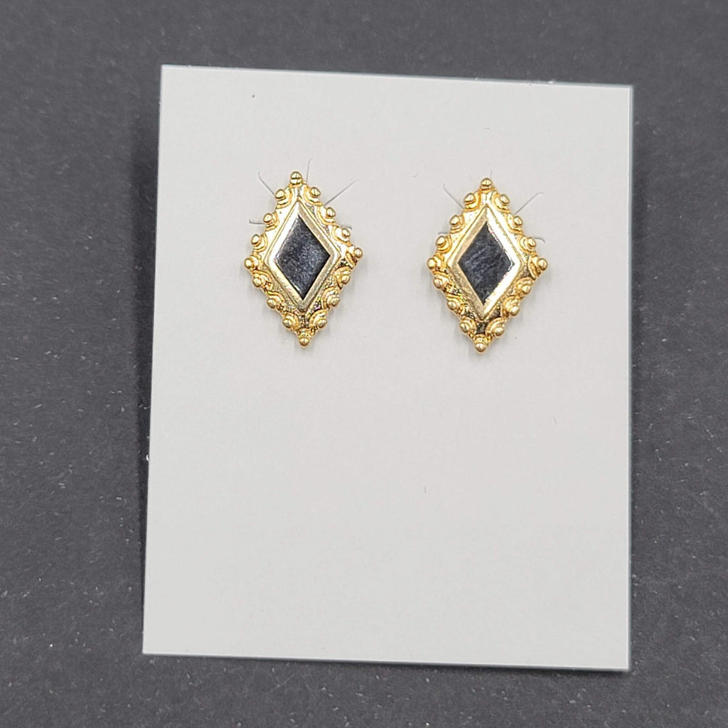 Vintage Pierced Earrings Gold tone Diamond Shape Black Onyx Studs 5/8"