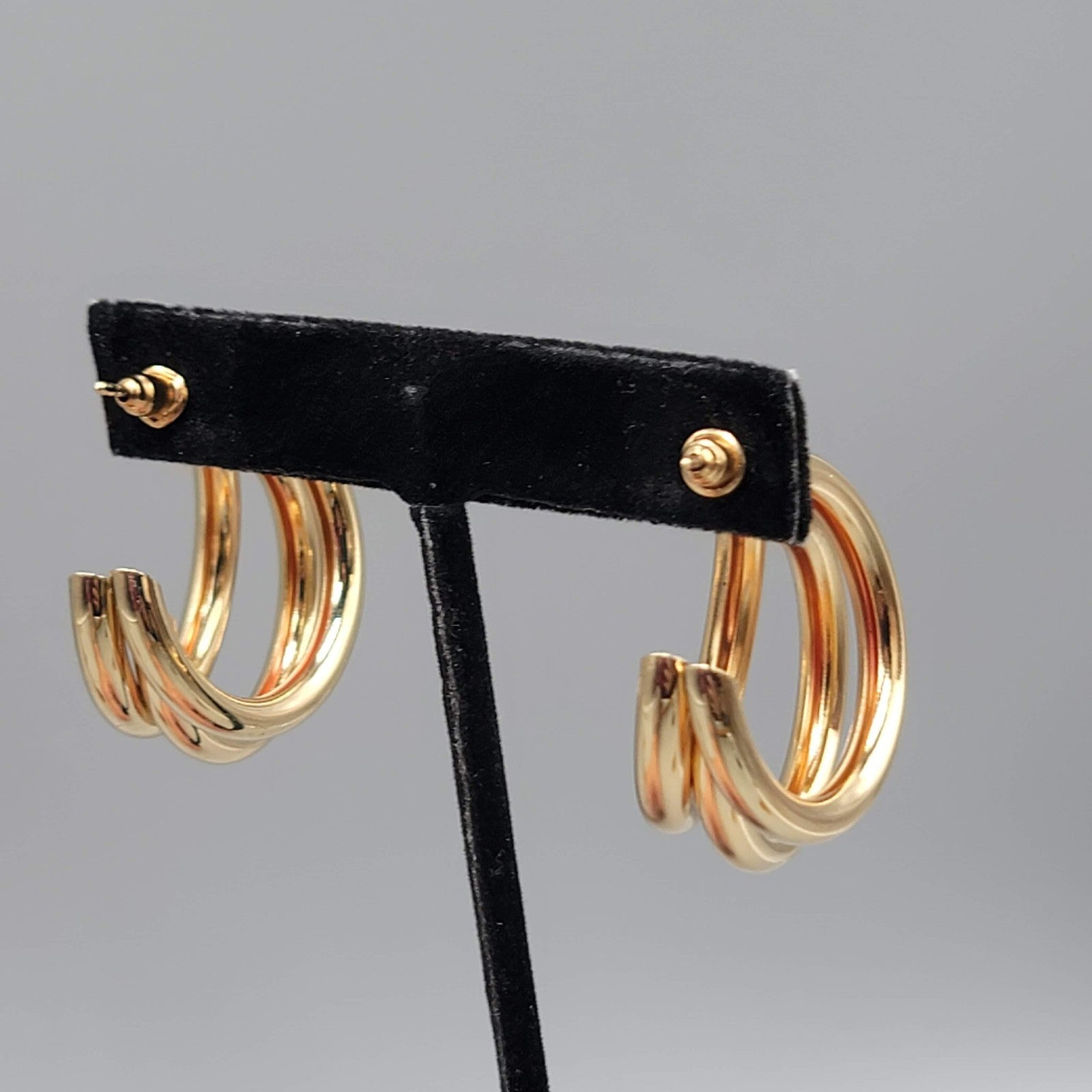 Triple Hoops Pierced Earrings Gold tone Drop 1 1/8 in