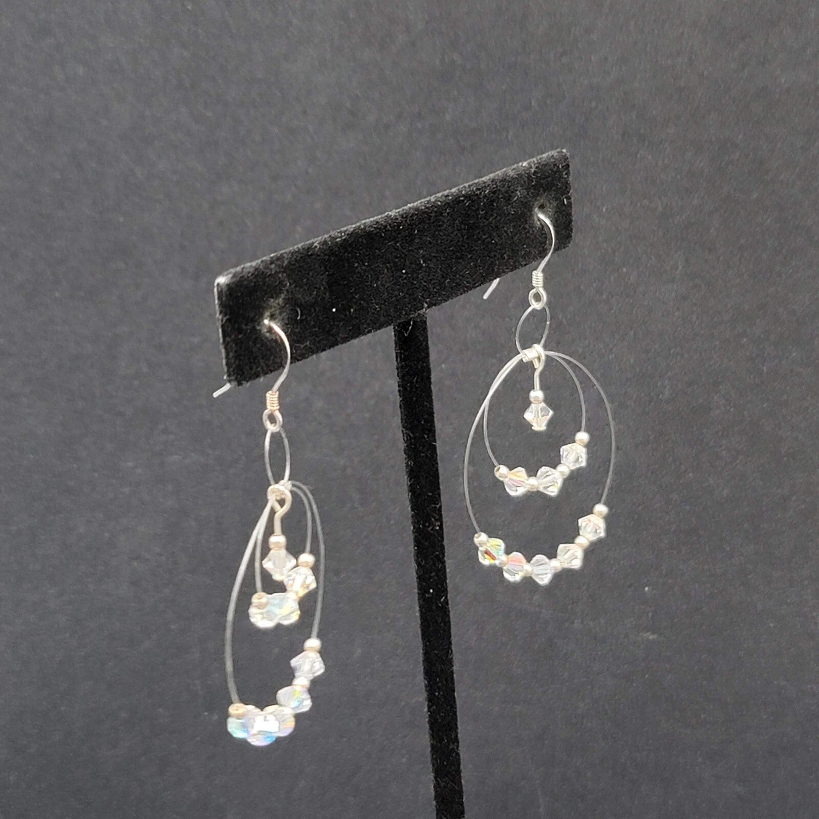 Pierced Earrings Floating Bicone AB Crystal Bead Dangle Hoops 1.75"