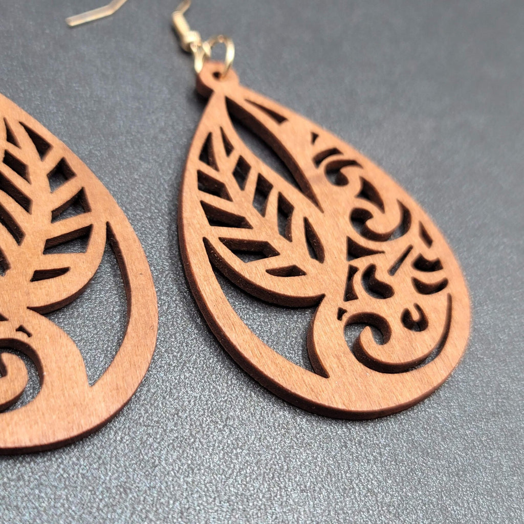 New Boho Pierced Earrings Solid Wood Teardrop Leaves Large Statement 2.5"