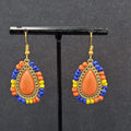 Pierced Earrings Gold tone Orange Teardrop Multicolor Beads 1 1/8"