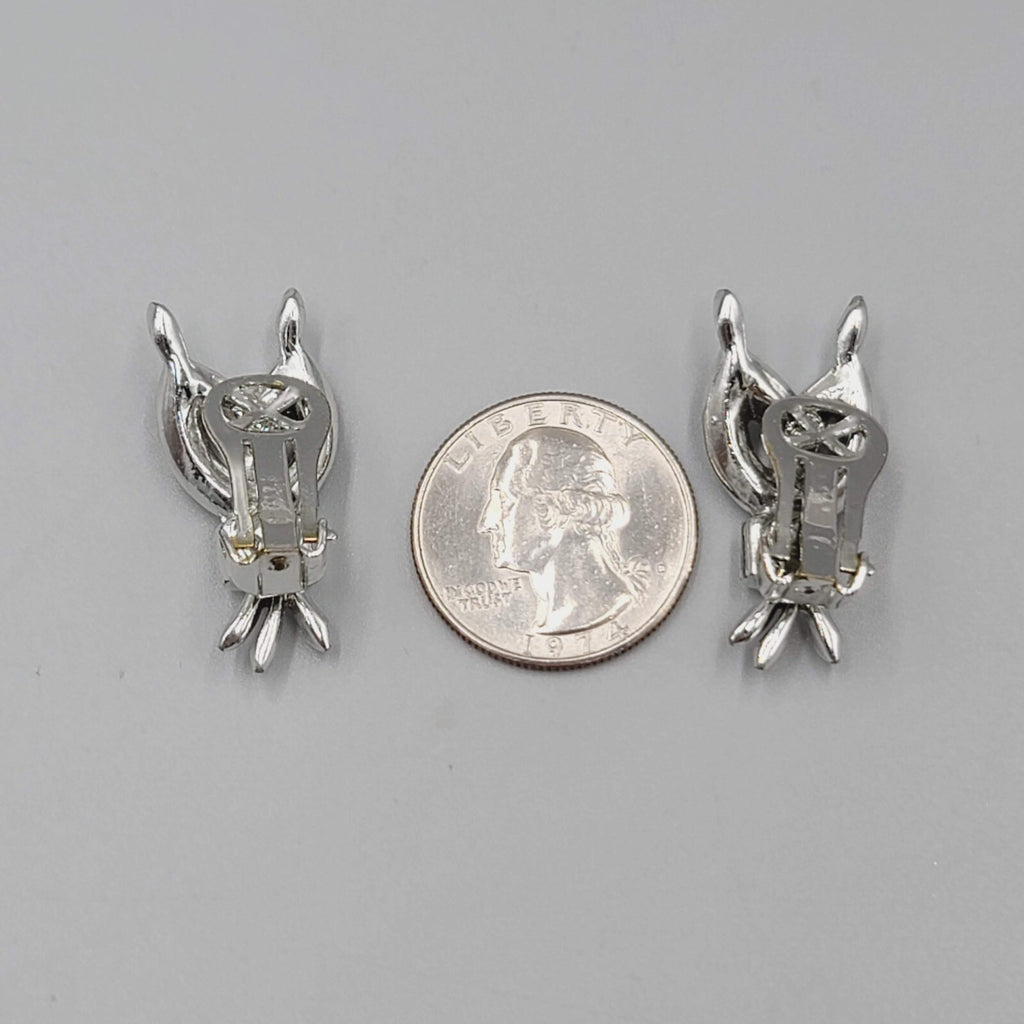 Vintage Rhinestone Clip on Earrings Silver toneUnique Design 1.25"