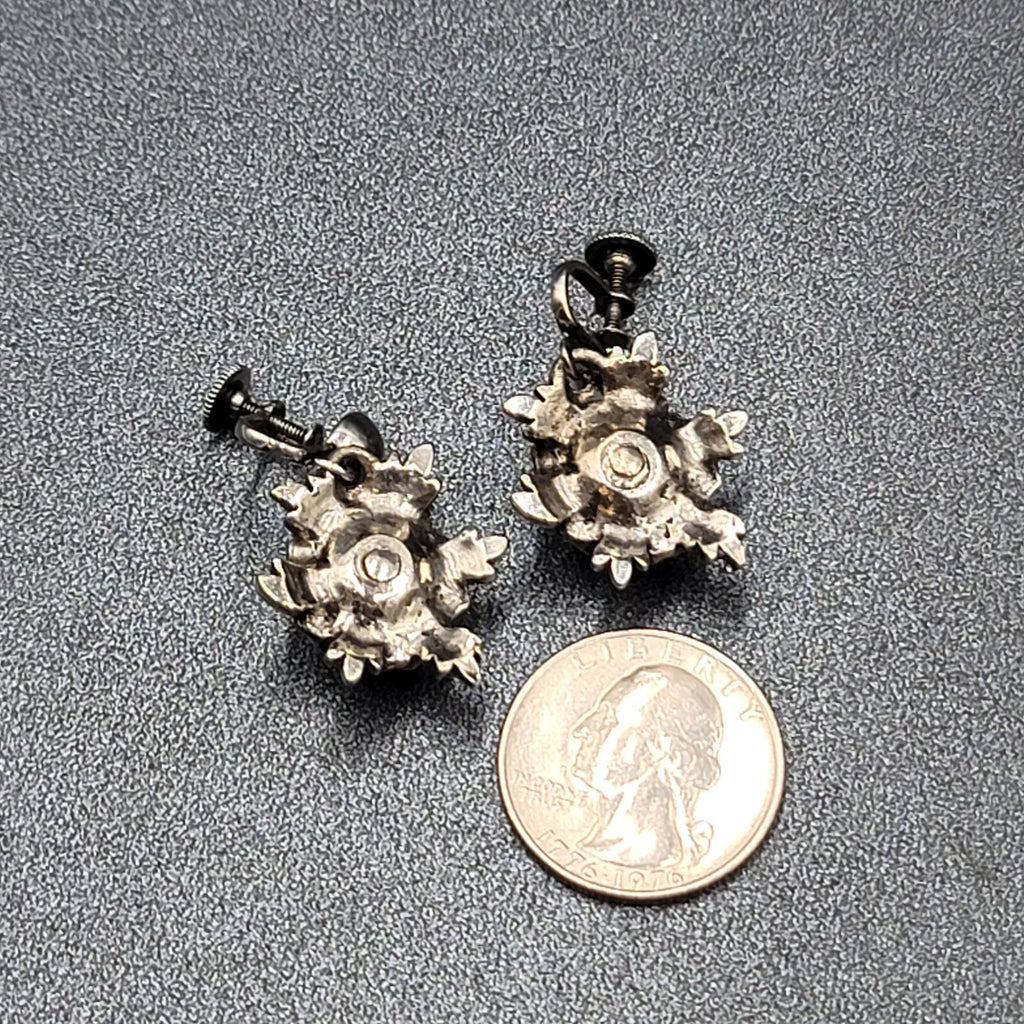 Vintage Clip on Earrings Silver tone 3D Flower Rhinestone Dangle 1"