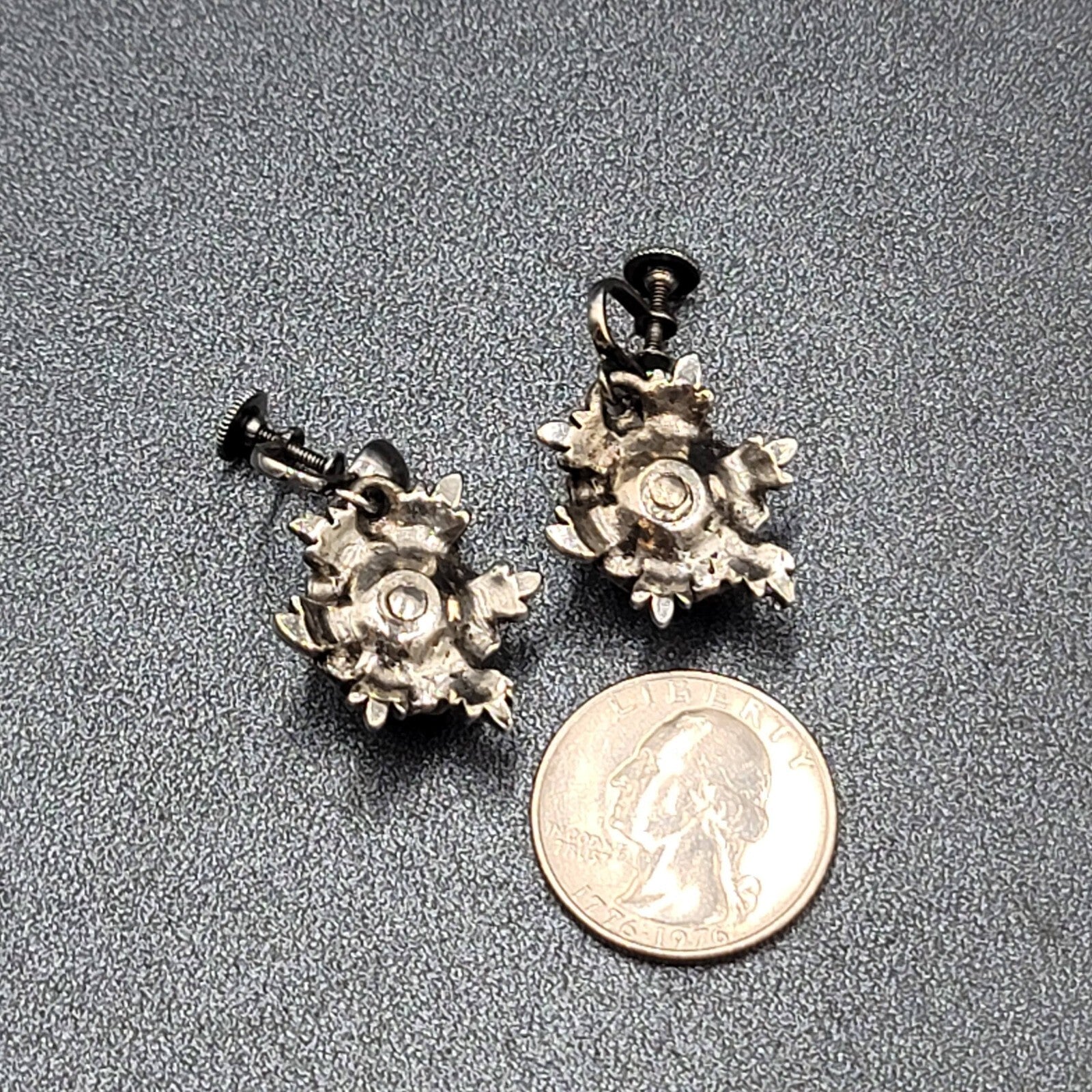 Vintage Clip on Earrings Silver tone 3D Flower Rhinestone Dangle 1"