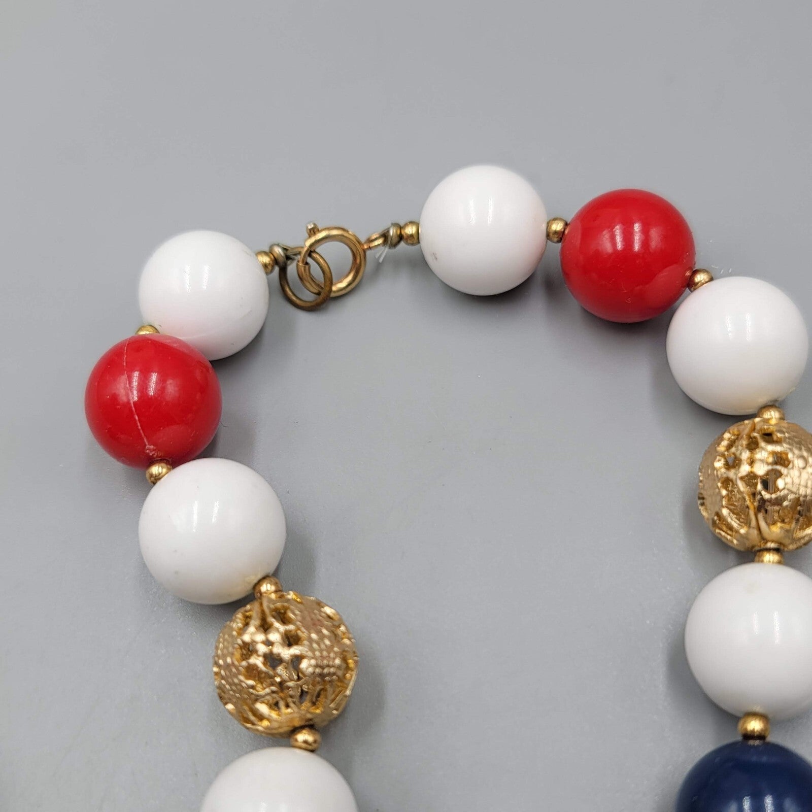 Vintage Necklace Red White Blue Gold tone Filigree Beads 30"
