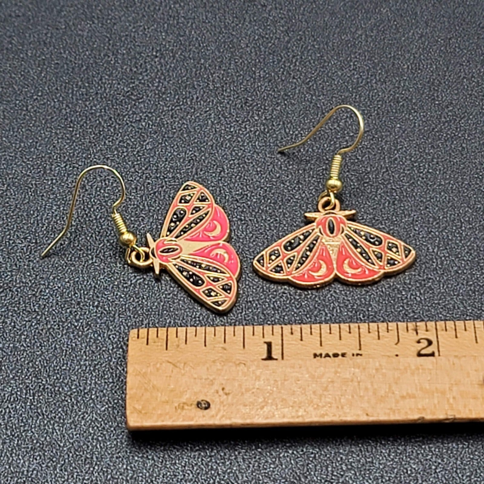 Moth Pierced Earrings Gold tone Pink Black Moons Enamel Dangle 5/8"