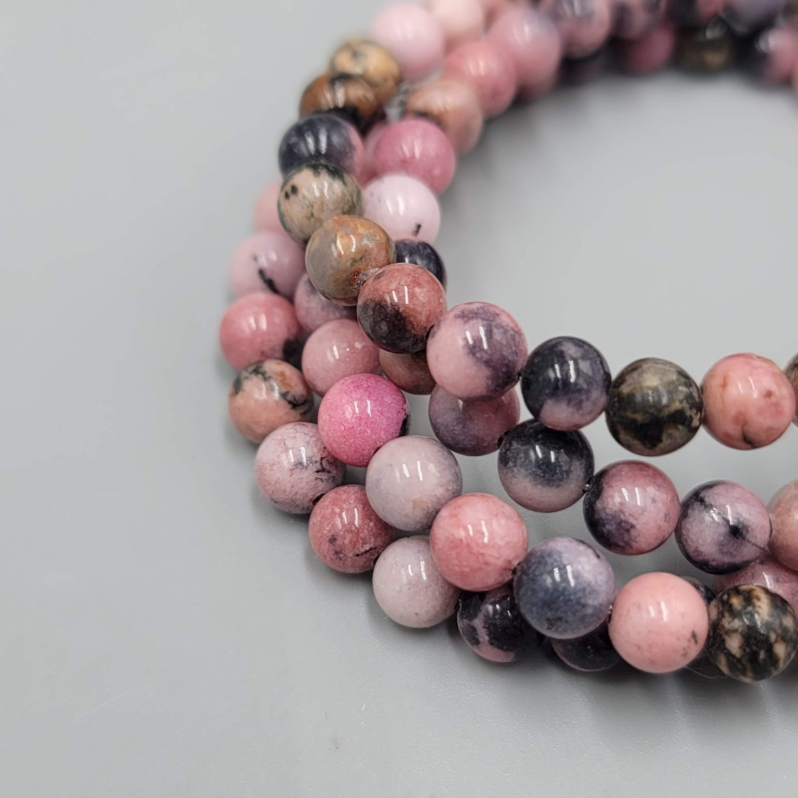 Pink Black Stone Beads Wrap Bracelet Memory Wire 7"