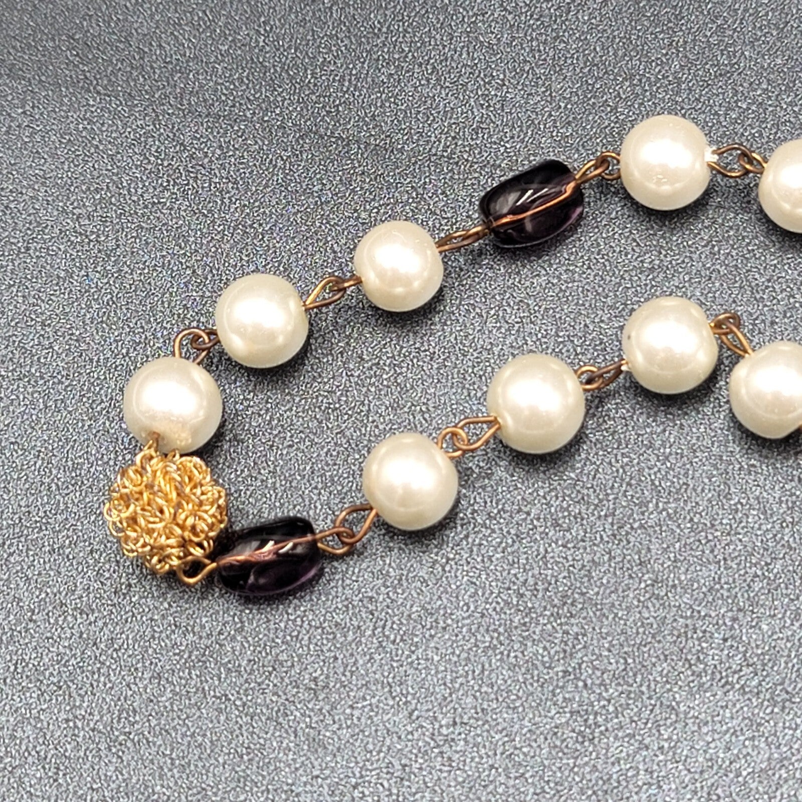 Long Necklace Faux Pearl Gold tone Wire Amethyst and Glass Beads 40"