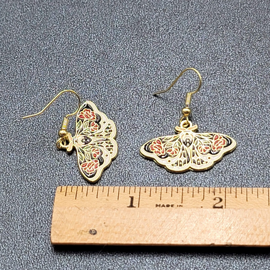Pierced Earrings Gold tone Enamel Red Rose Moth Dangle 3/4"