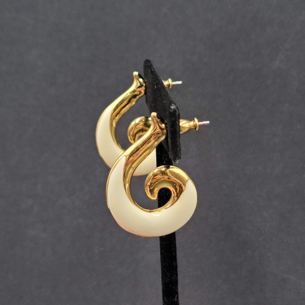 Vintage MONET Pierced Earrings Gold Plated White Enamel Swirl Drop  1.25"