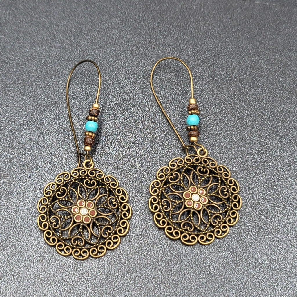 New Boho Pierced Earrings Antiqued Gold tone Blue Beas Enamel Mandala 2.75"