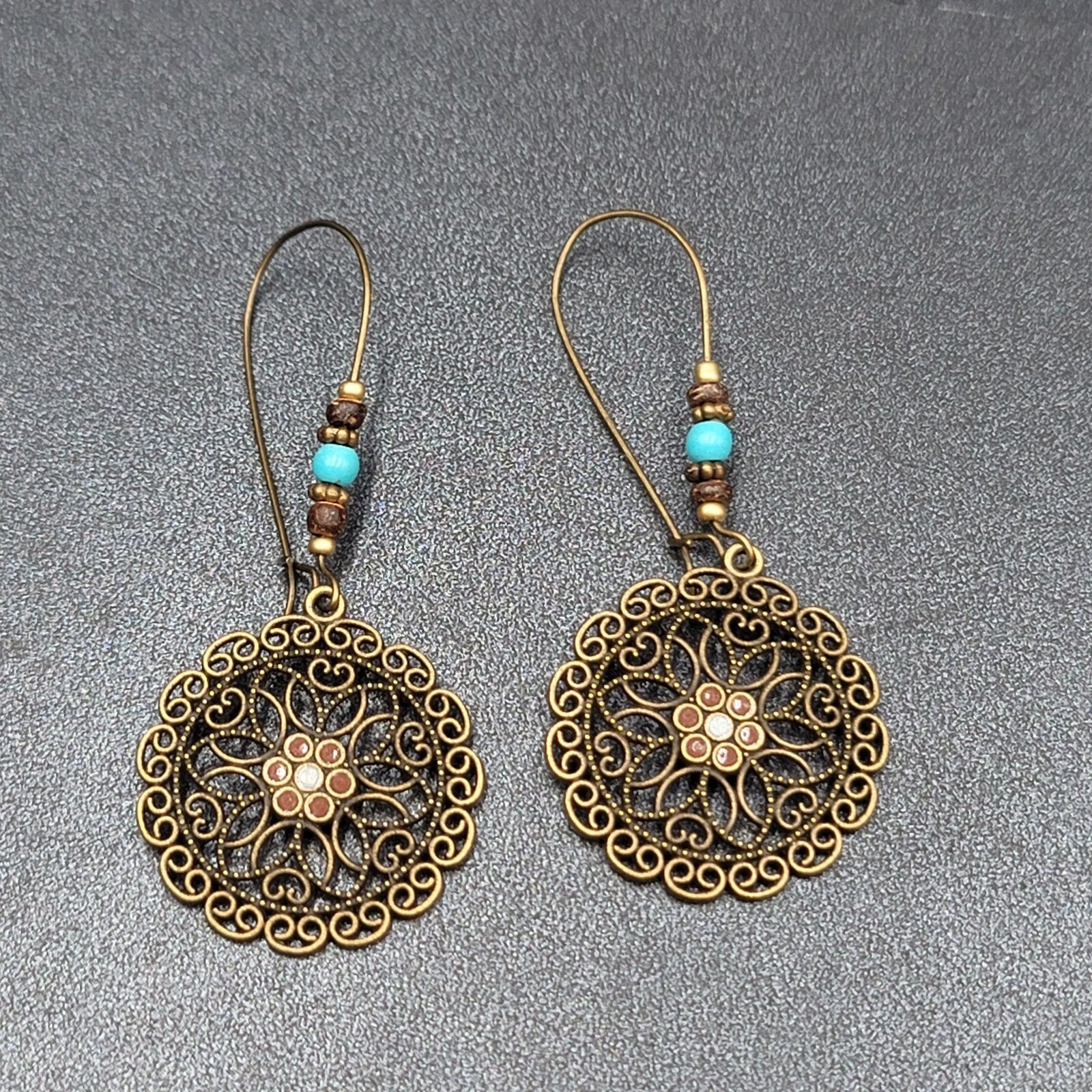 New Boho Pierced Earrings Antiqued Gold tone Blue Beas Enamel Mandala 2.75"