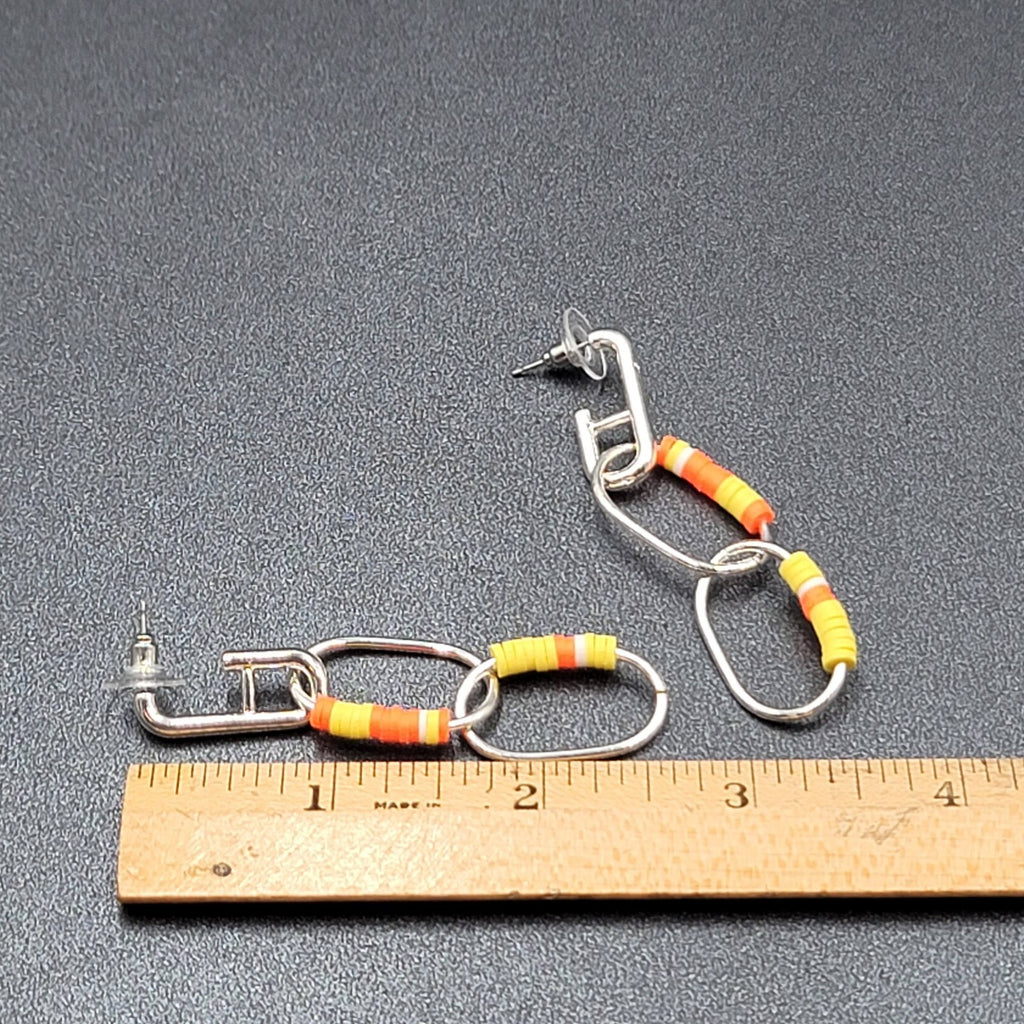 Pierced Earrings Silver tone Dangle Rings Yellow Orange Beads 2.75"