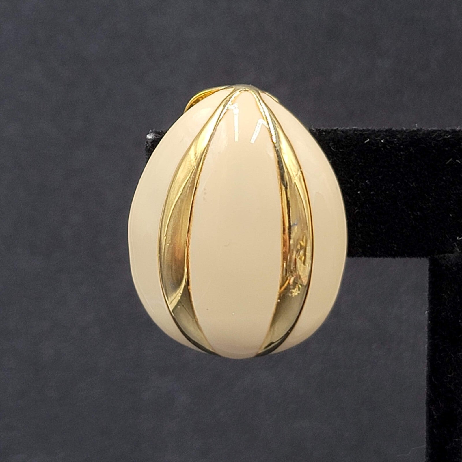 Vintage Clip on Earrings Gold Plated Ivory Enamel Large Statement Drop 1.25"