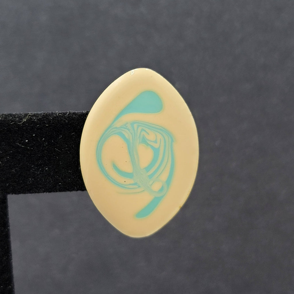 Vintage Pierced Earrings Cream Blue Swirl Enamel Drop 1 1/8"