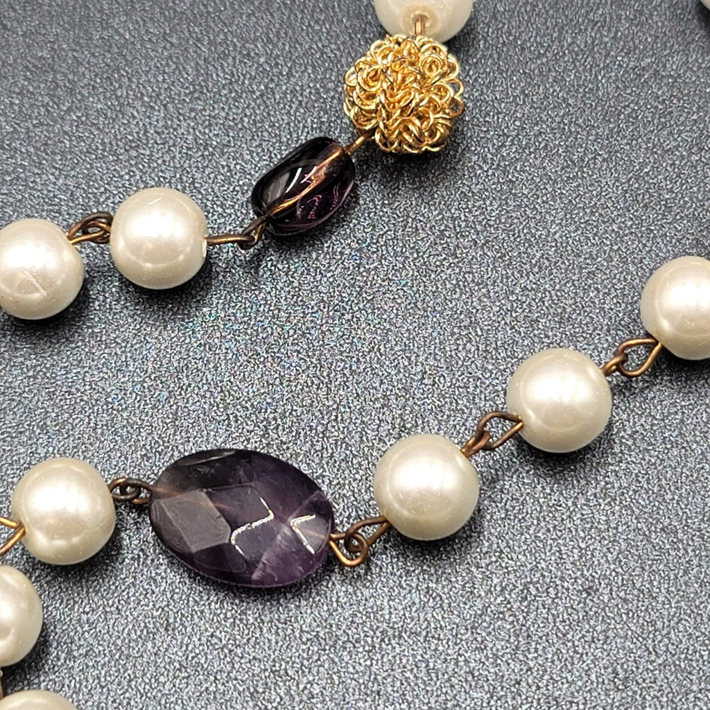 Long Necklace Faux Pearl Gold tone Wire Amethyst and Glass Beads 40"