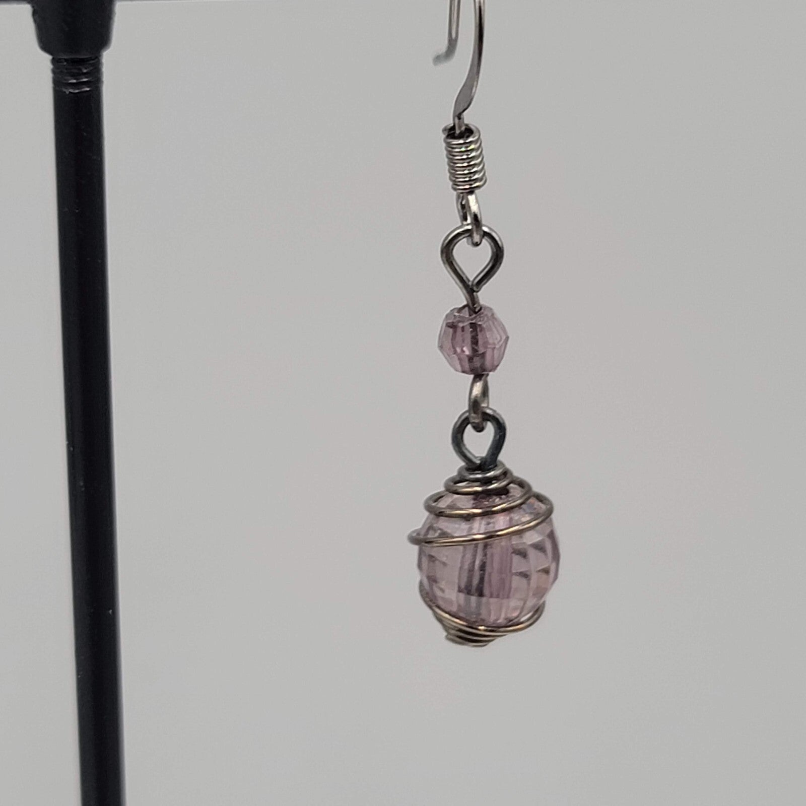 Purple Caged Bead Pierced Earrings Black Metal Dangle 1"