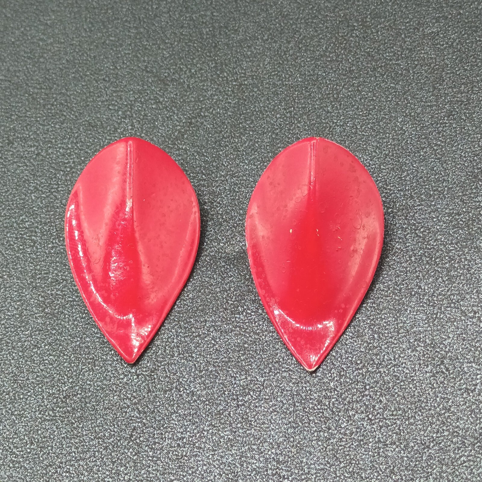 Vintage Pierced Earrings Red Enamel Over Metal Leaf Drop 1 3/8"