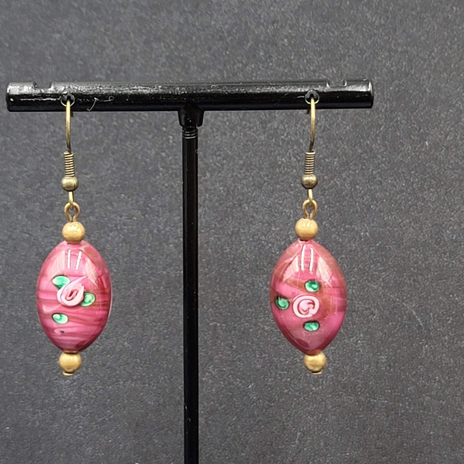 Art Glass Bead Pierced Earrings Bronze tone Pink Flower Dangle 1.25"