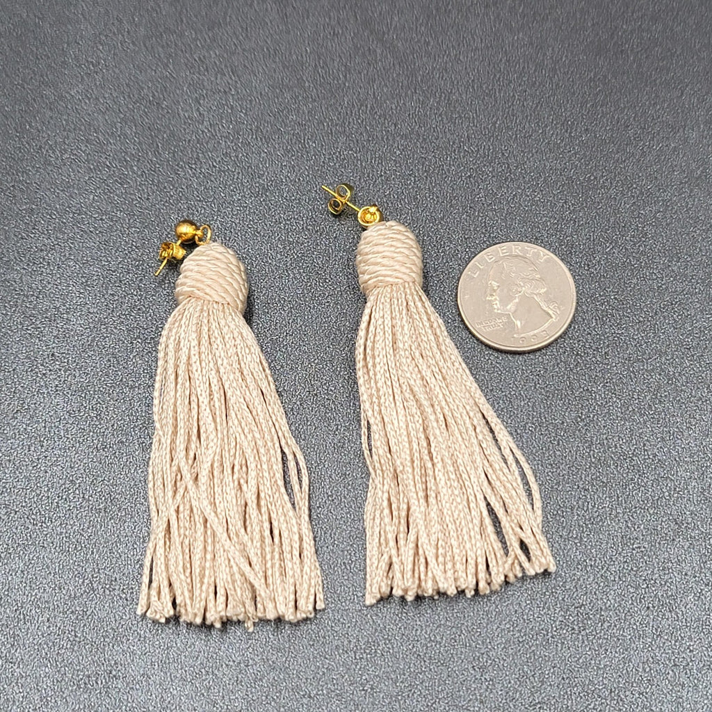 Pierced Earrings Gold tone Off White String Tassel Statement Dangle 3"