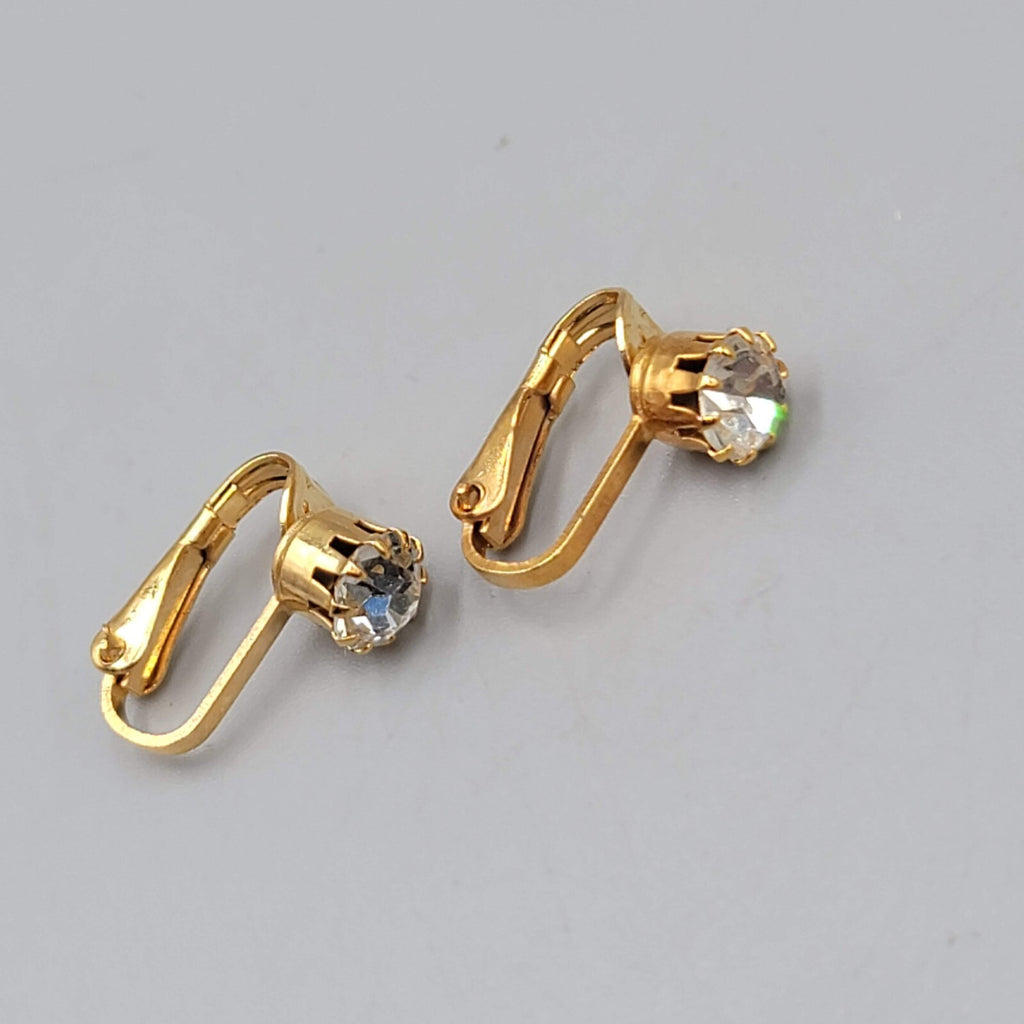 Vintage NOS Stud Rhinestone Solitaire Clip on Earrings Gold tone 1/4"
