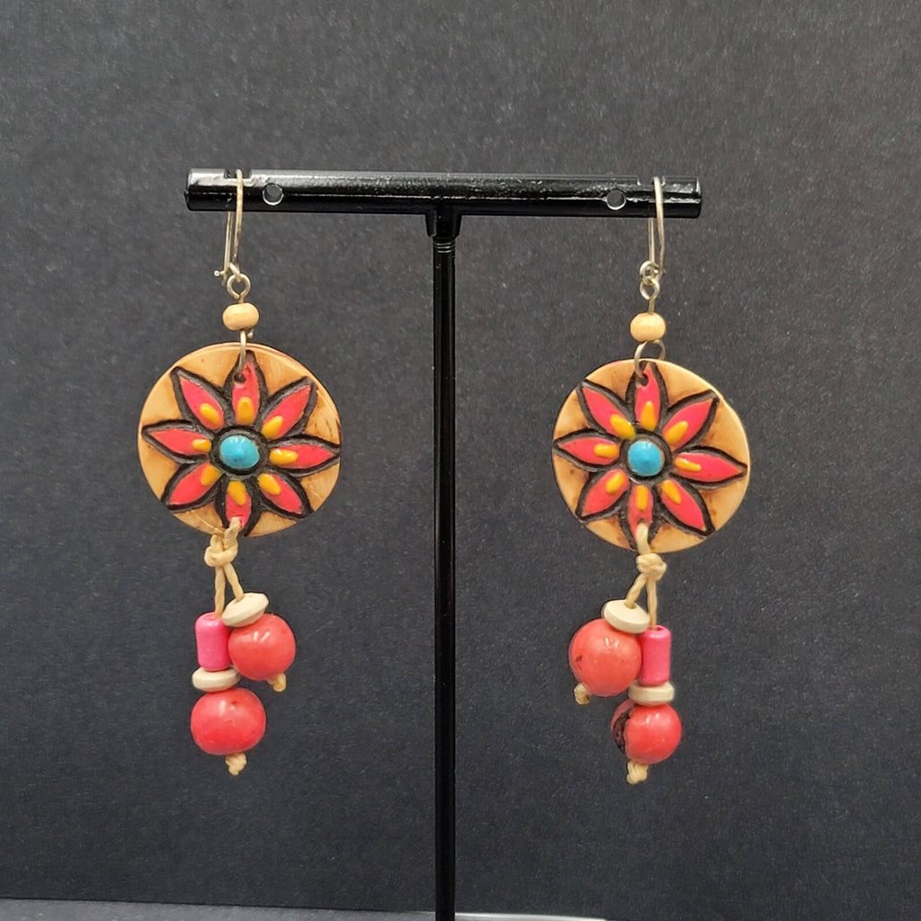 Vintage Pierced Earrings Hand Painted Carved Coconut Pink Bead Dangle 2.25"