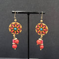 Vintage Pierced Earrings Hand Painted Carved Coconut Pink Bead Dangle 2.25"