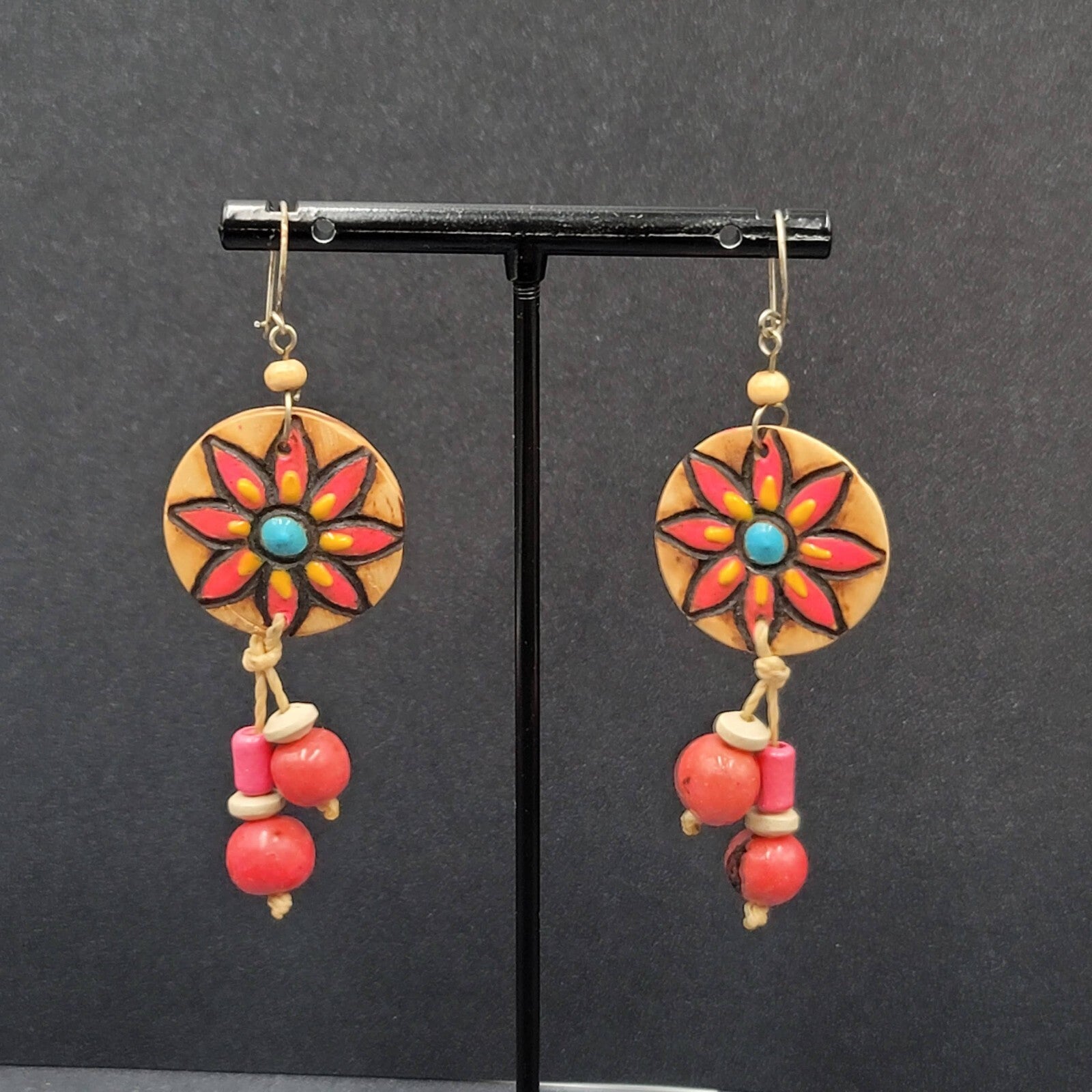 Vintage Pierced Earrings Hand Painted Carved Coconut Pink Bead Dangle 2.25"