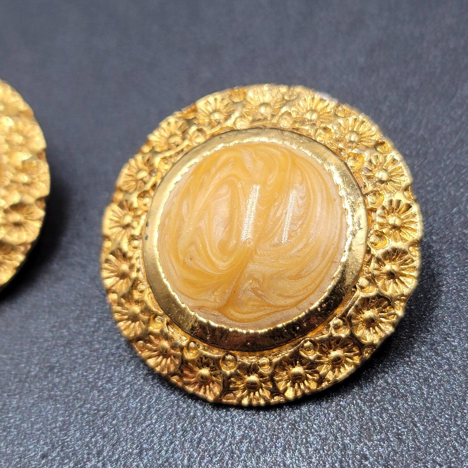 Vintage Pierced Earrings Gold Plated Large Round Enamel 1.25"