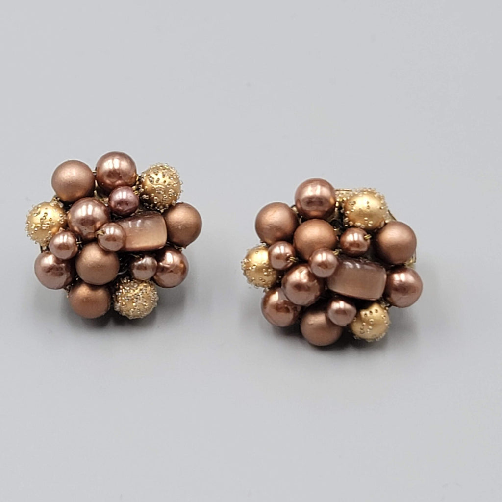Vintage Japan Clip on Earrings Brown Cluster Bead Gold tone 7/8"
