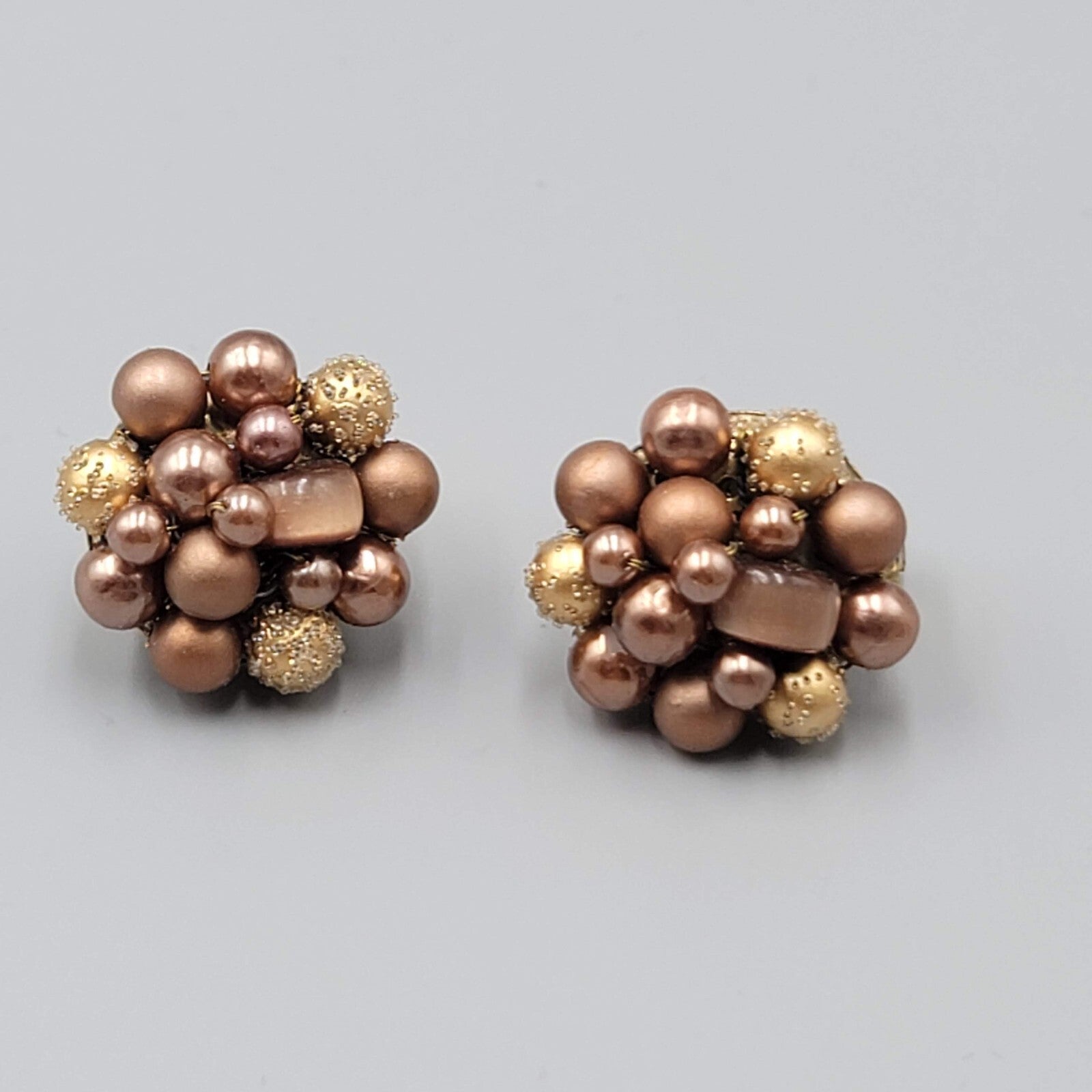 Vintage Japan Clip on Earrings Brown Cluster Bead Gold tone 7/8"