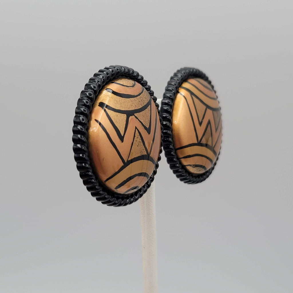 Vintage Clip on Earrings Round Hand Painted Black Gold tone Statement 1.5 in