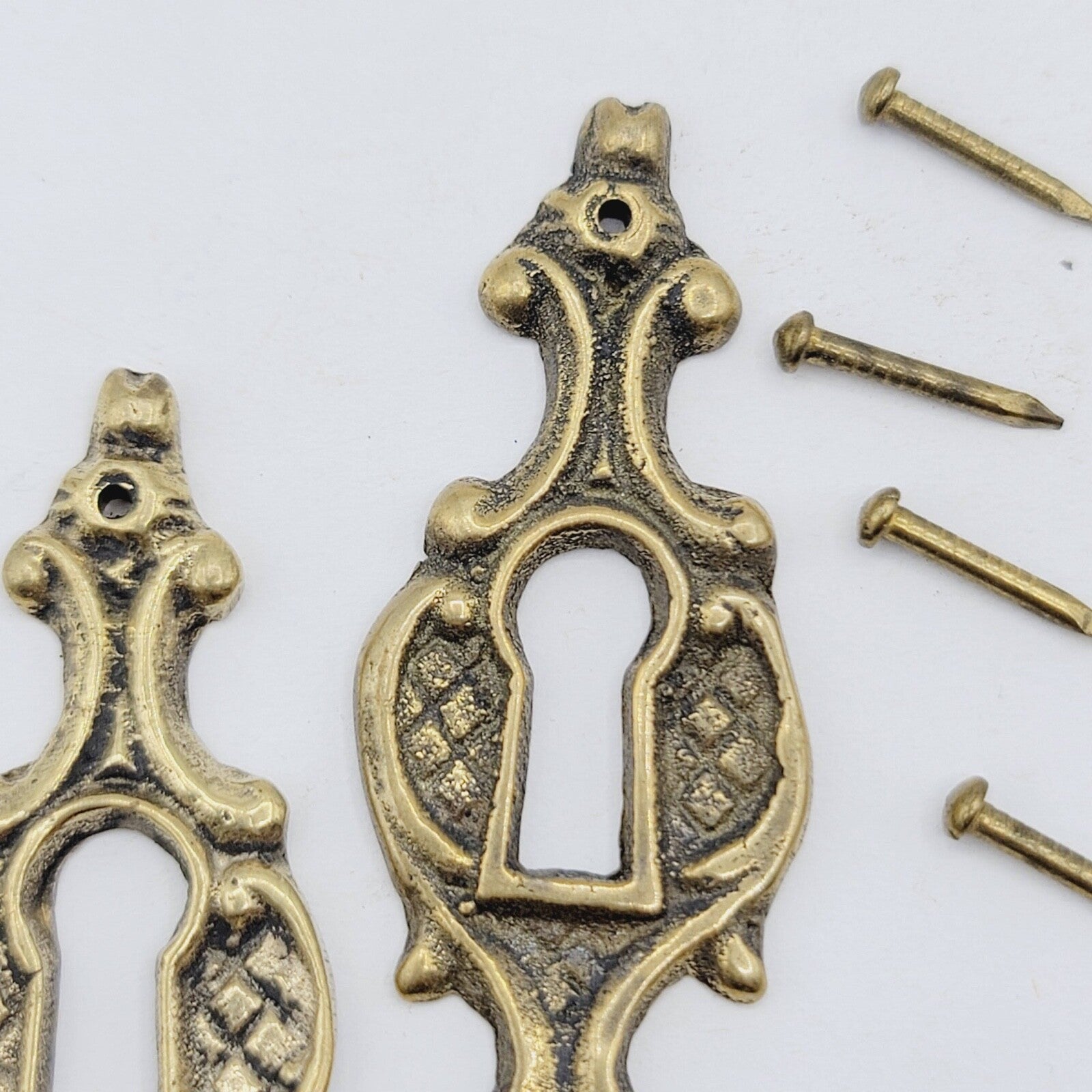 Set of 2  Vintage Oval Brass Skeleton Key hole Escutcheon Salvage Lot 4 Nails